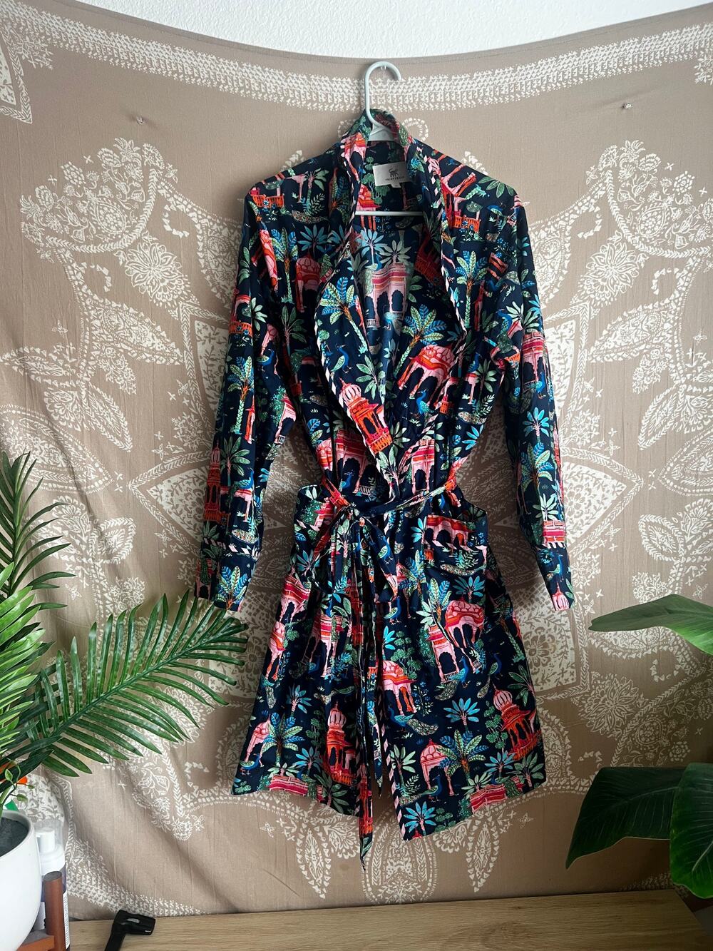 PrintFresh Peacock Palace Print Organic Cotton Wrap Robe Deep Navy L/XL